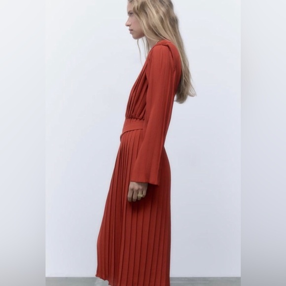 Zara Pleated Tie Front Burnt Orange Midi Dress Size S NWT - Picture 4 of 7